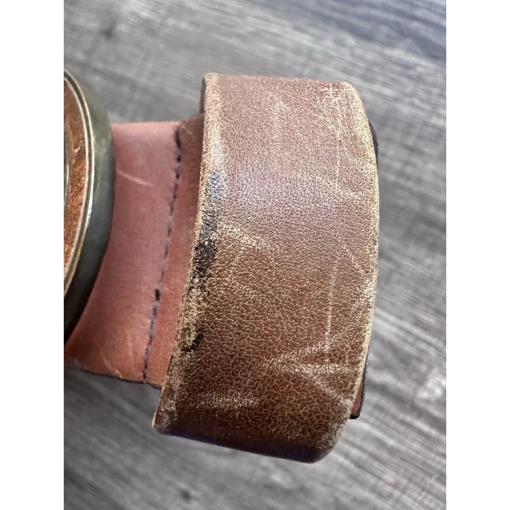 VTG Harness House Hand Waxed Steerhide Leather Belt 38 Brown Geometric 4270